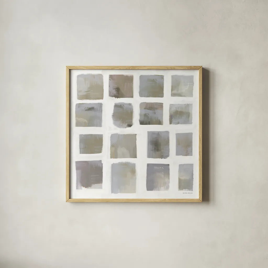 Vibrations Square I Cool Neutral by Michael Mullan. Shown in a natural wood glass frame for a timeless modern aesthetic. Available as an archival giclee rolled canvas, fine art paper, or poster print. SKU 95198a.