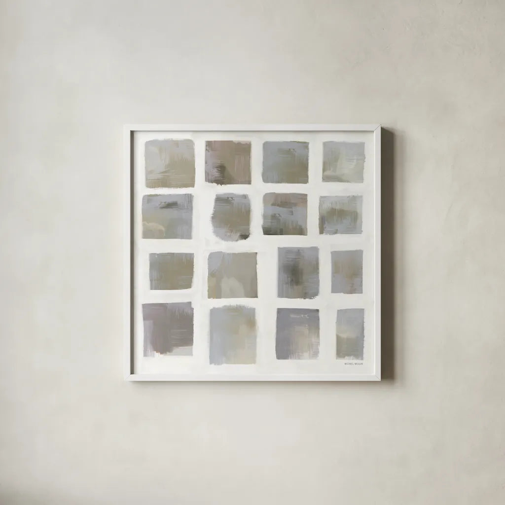 Vibrations Square I Cool Neutral by Michael Mullan. Shown in a crisp white glass frame for a clean and minimalist style. Available as an archival giclee rolled canvas, fine art paper, or poster print. SKU 95198a.