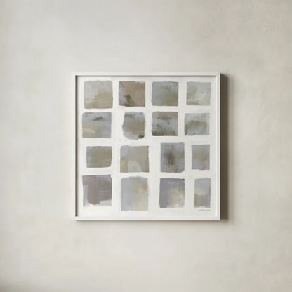 Vibrations Square I Cool Neutral by Michael Mullan. Shown in a crisp white glass frame for a clean and minimalist style. Available as an archival giclee rolled canvas, fine art paper, or poster print. SKU 95198a.