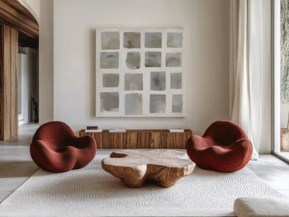 Vibrations Square I Cool Neutral by Michael Mullan. Shown as extra-large giant wall art in a modern living room. Available as an archival giclee rolled canvas, fine art paper, or poster print. SKU 95198a.