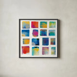Vibrations Square I White by Michael Mullan. Shown in a sleek black glass frame for a contemporary gallery look. Available as an archival giclee rolled canvas, fine art paper, or poster print. SKU 51332a.