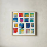 Vibrations Square I White by Michael Mullan. Shown in a natural wood glass frame for a timeless modern aesthetic. Available as an archival giclee rolled canvas, fine art paper, or poster print. SKU 51332a.