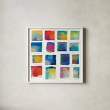 Vibrations Square I White by Michael Mullan. Shown in a crisp white glass frame for a clean and minimalist style. Available as an archival giclee rolled canvas, fine art paper, or poster print. SKU 51332a.