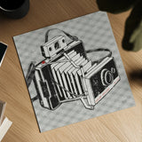 Vintage Analog Camera Gingham by Michael Mullan. Shown as a detailed flat fine art print, highlighting archival giclee quality. Available as an archival giclee rolled canvas, fine art paper, or poster print. SKU 51023a.