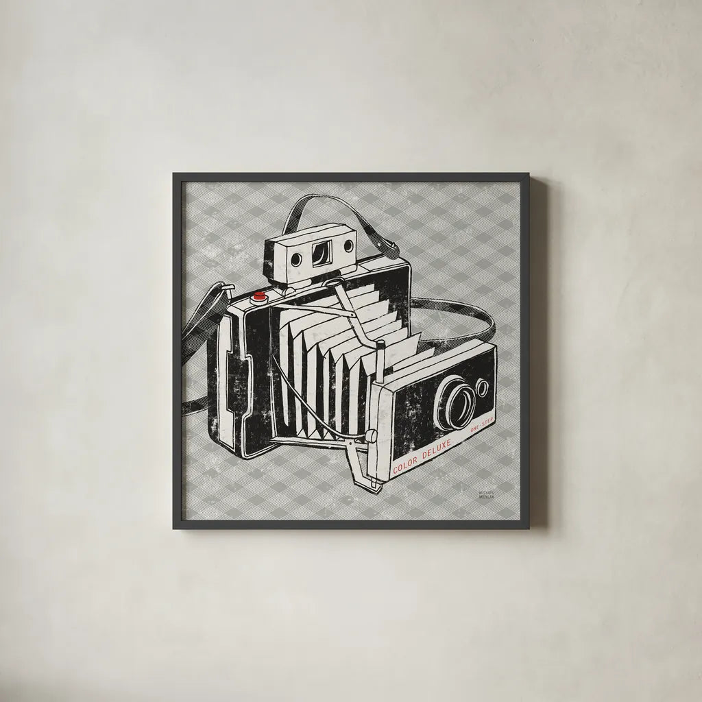 Vintage Analog Camera Gingham by Michael Mullan. Shown in a sleek black glass frame for a contemporary gallery look. Available as an archival giclee rolled canvas, fine art paper, or poster print. SKU 51023a.