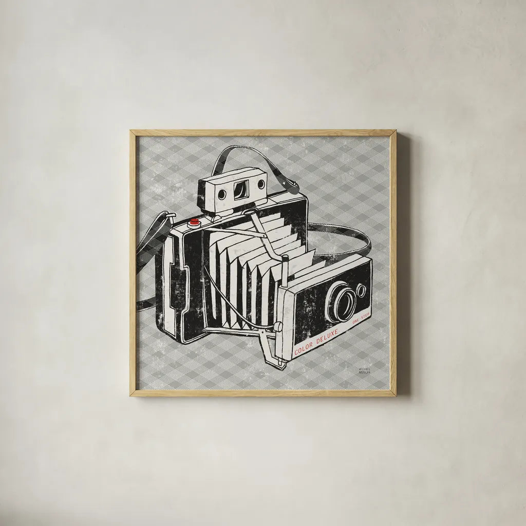 Vintage Analog Camera Gingham by Michael Mullan. Shown in a natural wood glass frame for a timeless modern aesthetic. Available as an archival giclee rolled canvas, fine art paper, or poster print. SKU 51023a.