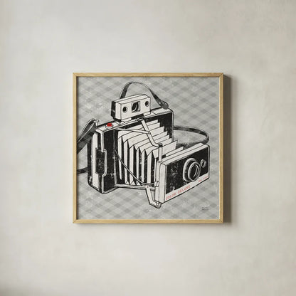 Vintage Analog Camera Gingham by Michael Mullan. Shown in a natural wood glass frame for a timeless modern aesthetic. Available as an archival giclee rolled canvas, fine art paper, or poster print. SKU 51023a.