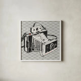 Vintage Analog Camera Gingham by Michael Mullan. Shown in a crisp white glass frame for a clean and minimalist style. Available as an archival giclee rolled canvas, fine art paper, or poster print. SKU 51023a.