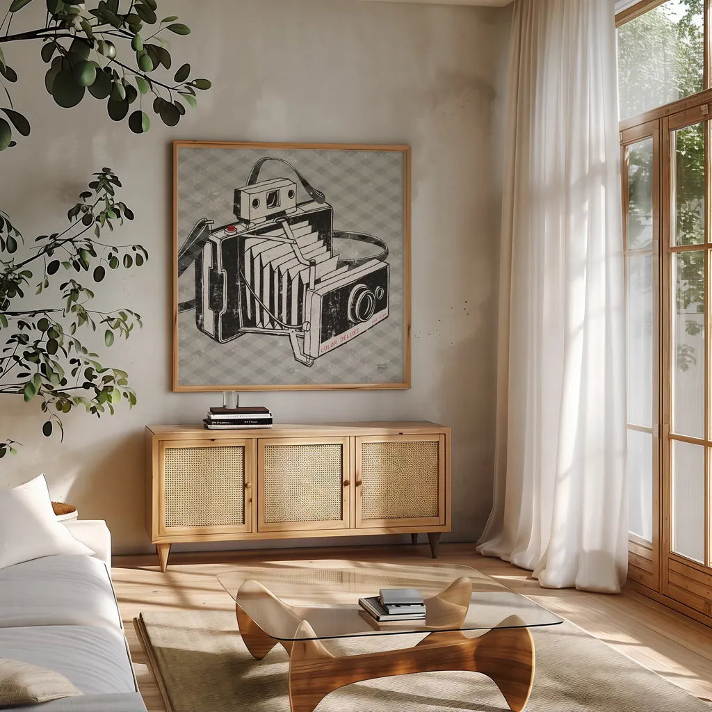 Vintage Analog Camera Gingham by Michael Mullan. Shown in a natural wood frame in a cozy modern living room. Available as an archival giclee rolled canvas, fine art paper, or poster print. SKU 51023a.