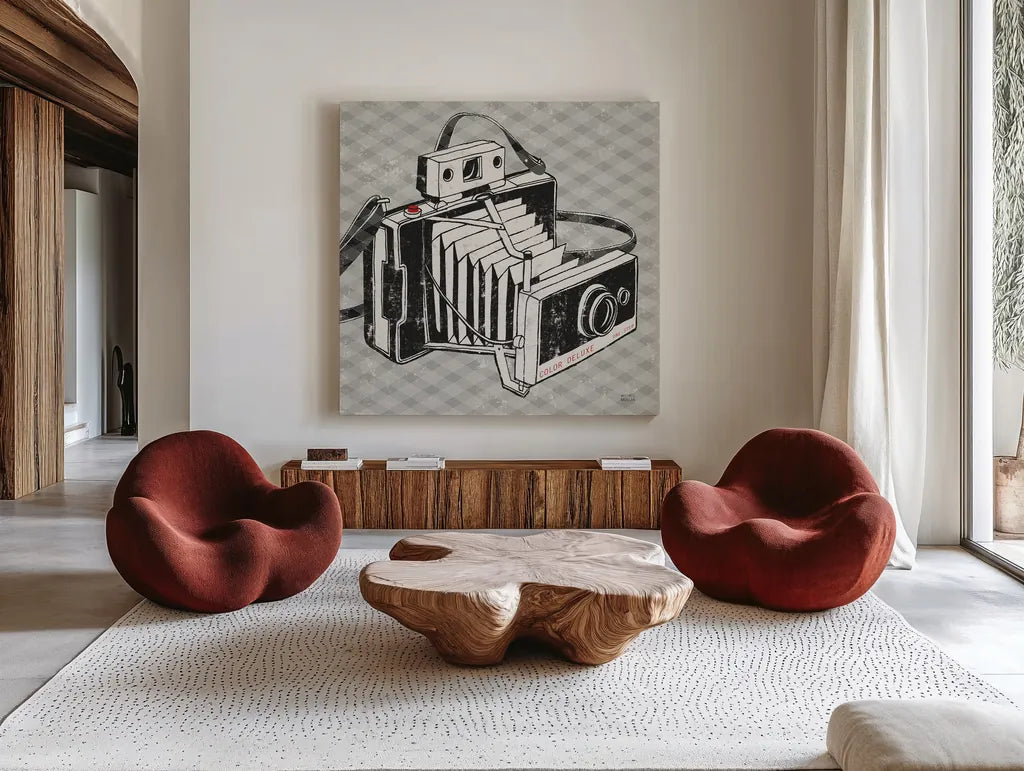 Vintage Analog Camera Gingham by Michael Mullan. Shown as extra-large giant wall art in a modern living room. Available as an archival giclee rolled canvas, fine art paper, or poster print. SKU 51023a.