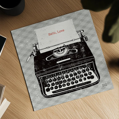 Vintage Analog Typewriter by Michael Mullan. Shown as a detailed flat fine art print, highlighting archival giclee quality. Available as an archival giclee rolled canvas, fine art paper, or poster print. SKU 12408a.