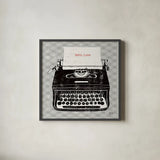 Vintage Analog Typewriter by Michael Mullan. Shown in a sleek black glass frame for a contemporary gallery look. Available as an archival giclee rolled canvas, fine art paper, or poster print. SKU 12408a.