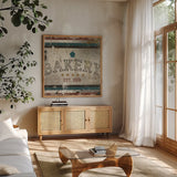 Vintage Bakery Sign by Michael Mullan. Shown in a natural wood frame in a cozy modern living room. Available as an archival giclee rolled canvas, fine art paper, or poster print. SKU 51286a.