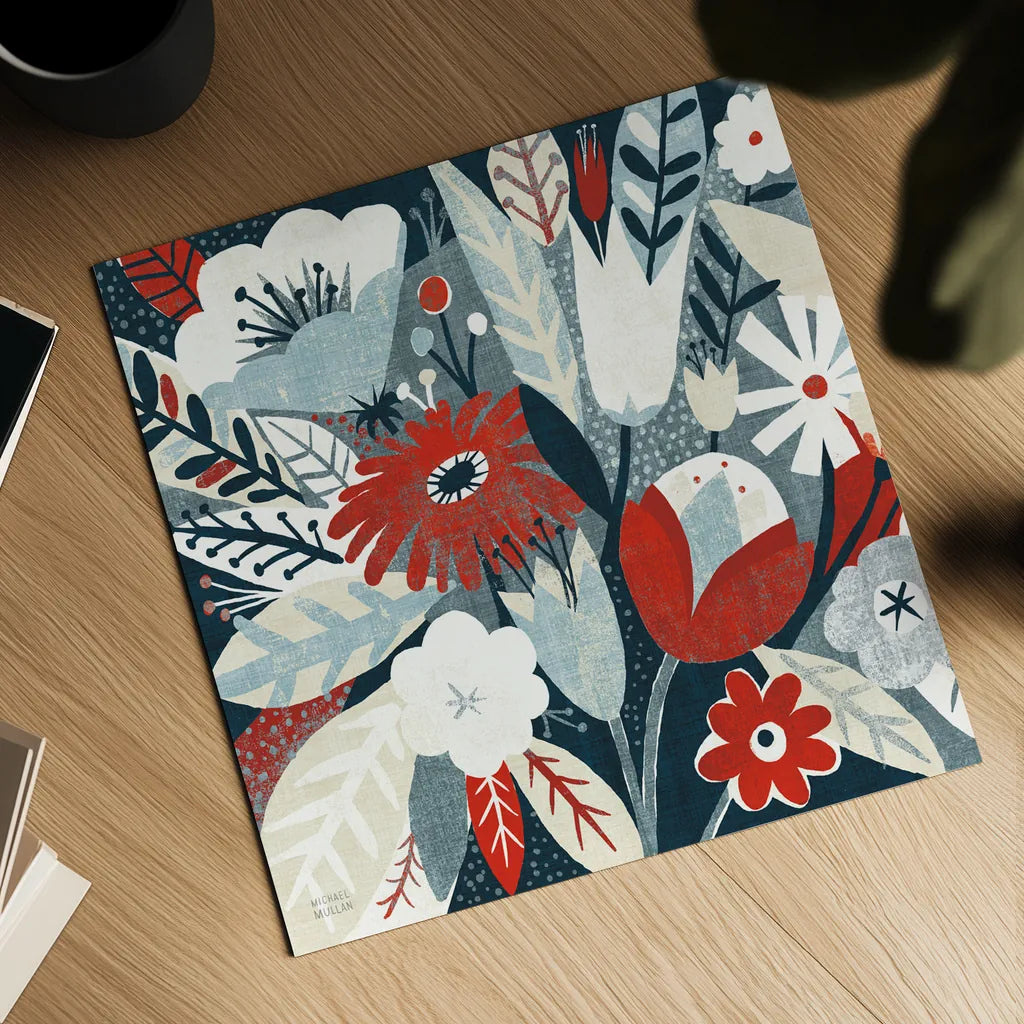 Vintage Bouquet Red Crop by Michael Mullan. Shown as a detailed flat fine art print, highlighting archival giclee quality. Available as an archival giclee rolled canvas, fine art paper, or poster print. SKU 51112a.