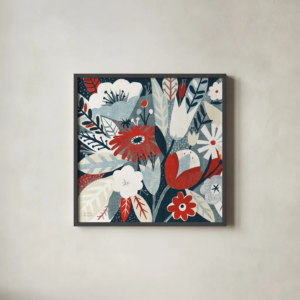 Vintage Bouquet Red Crop by Michael Mullan. Shown in a sleek black glass frame for a contemporary gallery look. Available as an archival giclee rolled canvas, fine art paper, or poster print. SKU 51112a.