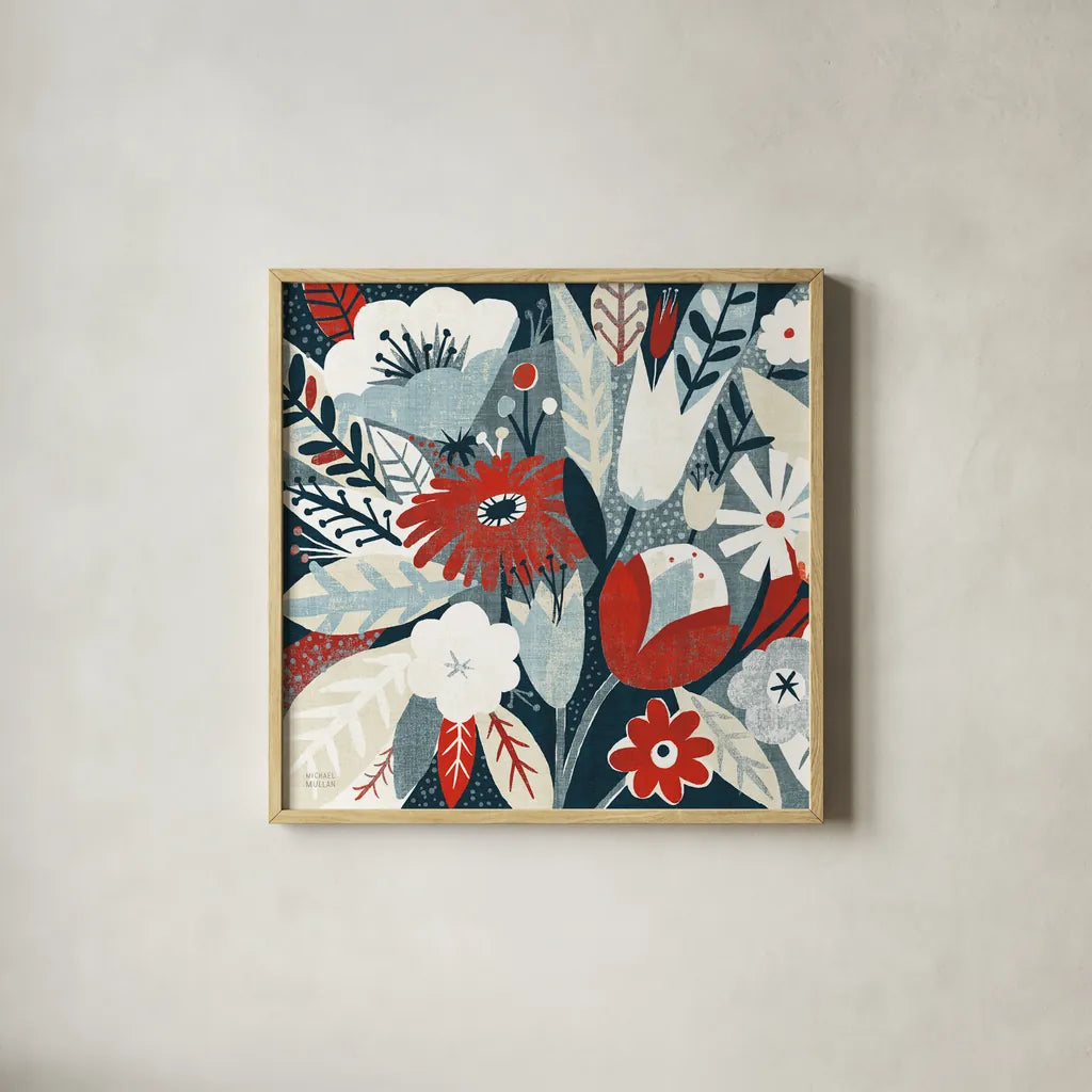 Vintage Bouquet Red Crop by Michael Mullan. Shown in a natural wood glass frame for a timeless modern aesthetic. Available as an archival giclee rolled canvas, fine art paper, or poster print. SKU 51112a.