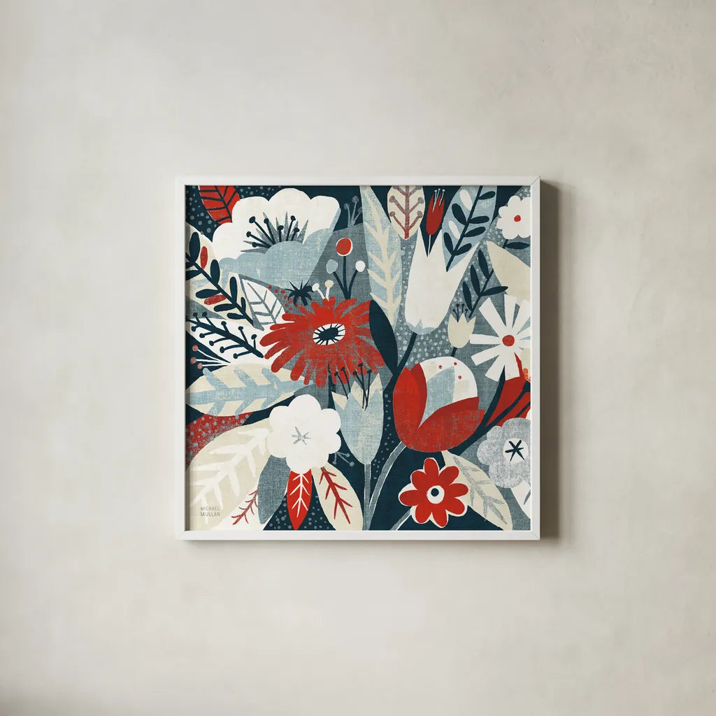 Vintage Bouquet Red Crop by Michael Mullan. Shown in a crisp white glass frame for a clean and minimalist style. Available as an archival giclee rolled canvas, fine art paper, or poster print. SKU 51112a.