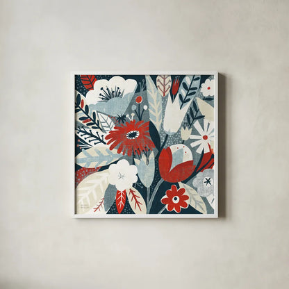 Vintage Bouquet Red Crop by Michael Mullan. Shown in a crisp white glass frame for a clean and minimalist style. Available as an archival giclee rolled canvas, fine art paper, or poster print. SKU 51112a.
