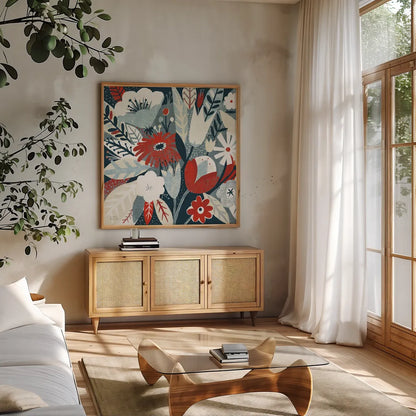 Vintage Bouquet Red Crop by Michael Mullan. Shown in a natural wood frame in a cozy modern living room. Available as an archival giclee rolled canvas, fine art paper, or poster print. SKU 51112a.