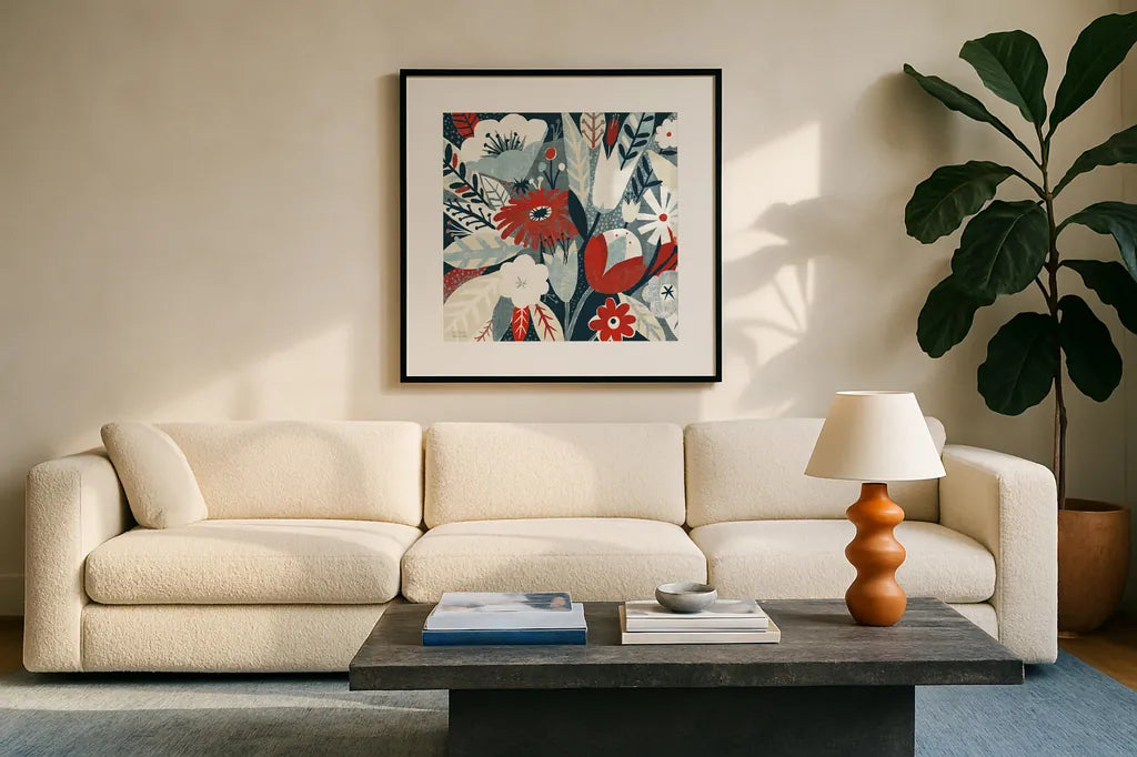 Vintage Bouquet Red Crop by Michael Mullan. Displayed in a glass frame with matte in a clean modern living room. Available as an archival giclee rolled canvas, fine art paper, or poster print. SKU 51112a.