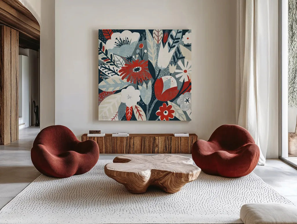 Vintage Bouquet Red Crop by Michael Mullan. Shown as extra-large giant wall art in a modern living room. Available as an archival giclee rolled canvas, fine art paper, or poster print. SKU 51112a.