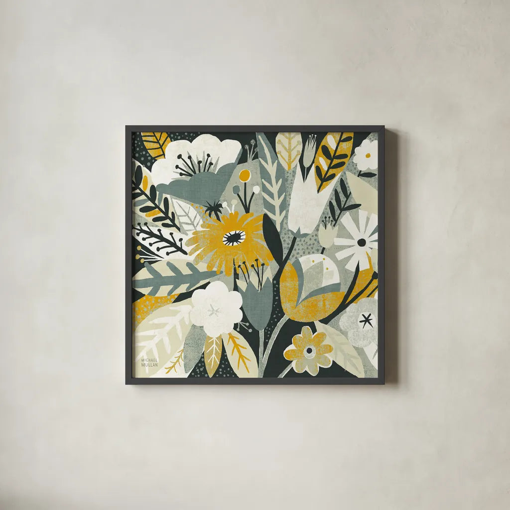Vintage Bouquet Yellow Crop by Michael Mullan. Shown in a sleek black glass frame for a contemporary gallery look. Available as an archival giclee rolled canvas, fine art paper, or poster print. SKU 12550a.