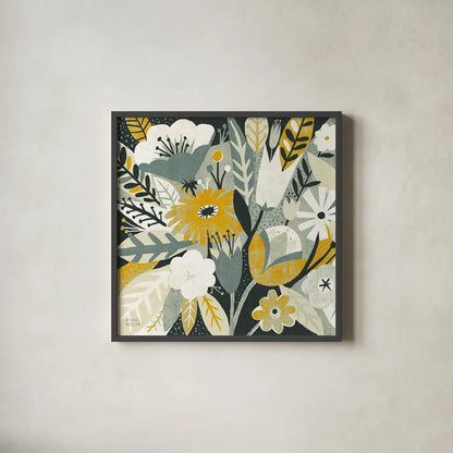 Vintage Bouquet Yellow Crop by Michael Mullan. Shown in a sleek black glass frame for a contemporary gallery look. Available as an archival giclee rolled canvas, fine art paper, or poster print. SKU 12550a.
