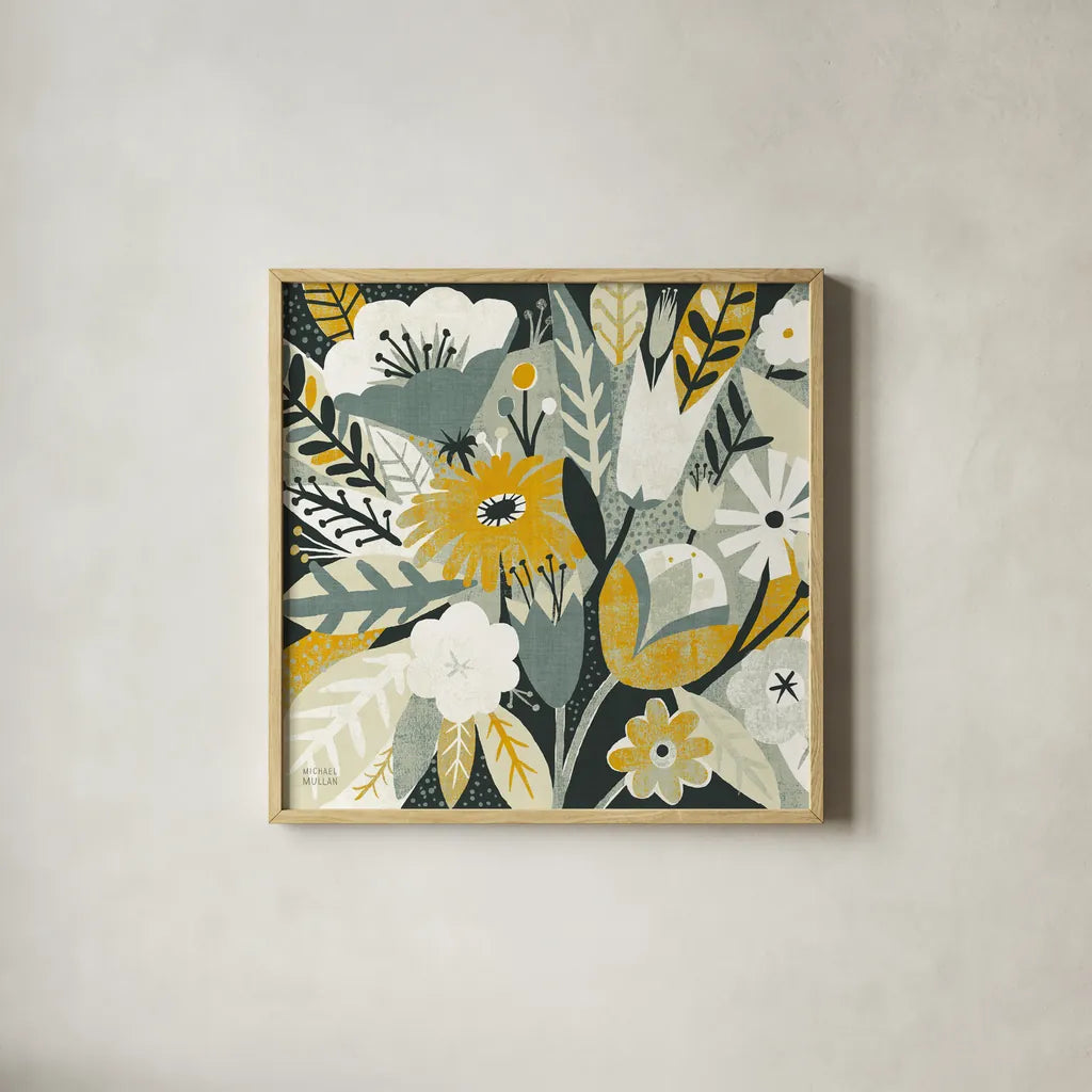Vintage Bouquet Yellow Crop by Michael Mullan. Shown in a natural wood glass frame for a timeless modern aesthetic. Available as an archival giclee rolled canvas, fine art paper, or poster print. SKU 12550a.