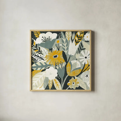 Vintage Bouquet Yellow Crop by Michael Mullan. Shown in a natural wood glass frame for a timeless modern aesthetic. Available as an archival giclee rolled canvas, fine art paper, or poster print. SKU 12550a.