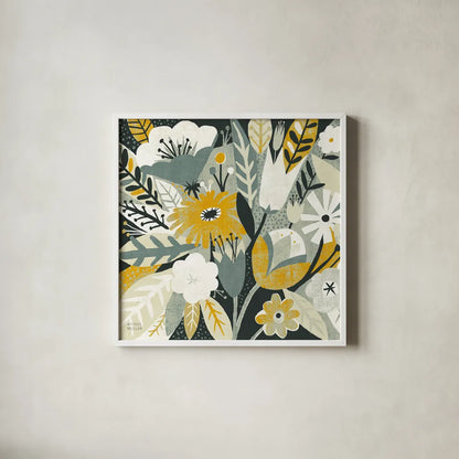 Vintage Bouquet Yellow Crop by Michael Mullan. Shown in a crisp white glass frame for a clean and minimalist style. Available as an archival giclee rolled canvas, fine art paper, or poster print. SKU 12550a.