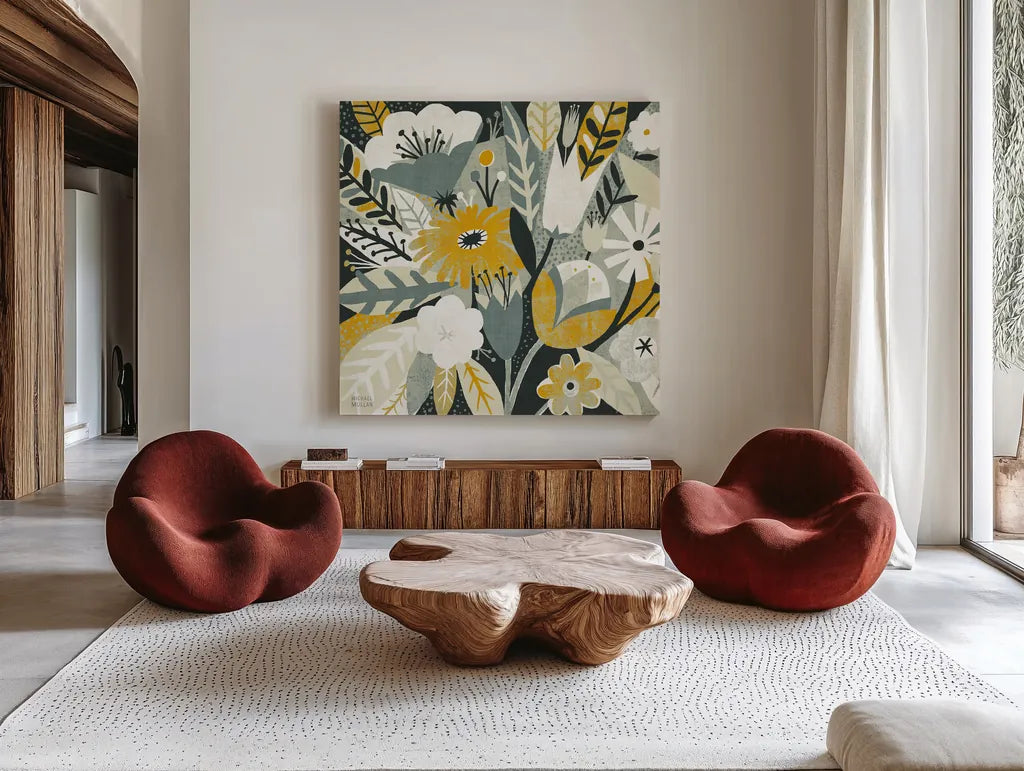 Vintage Bouquet Yellow Crop by Michael Mullan. Shown as extra-large giant wall art in a modern living room. Available as an archival giclee rolled canvas, fine art paper, or poster print. SKU 12550a.