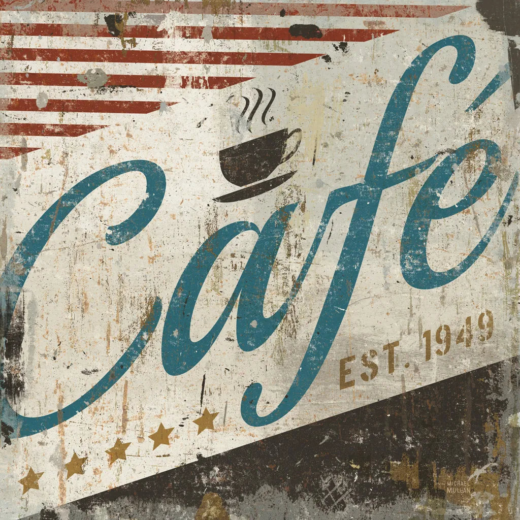 Vintage Cafe Sign by Michael Mullan. SKU 51287a. Archival Giclee Fine art print for wall decor.