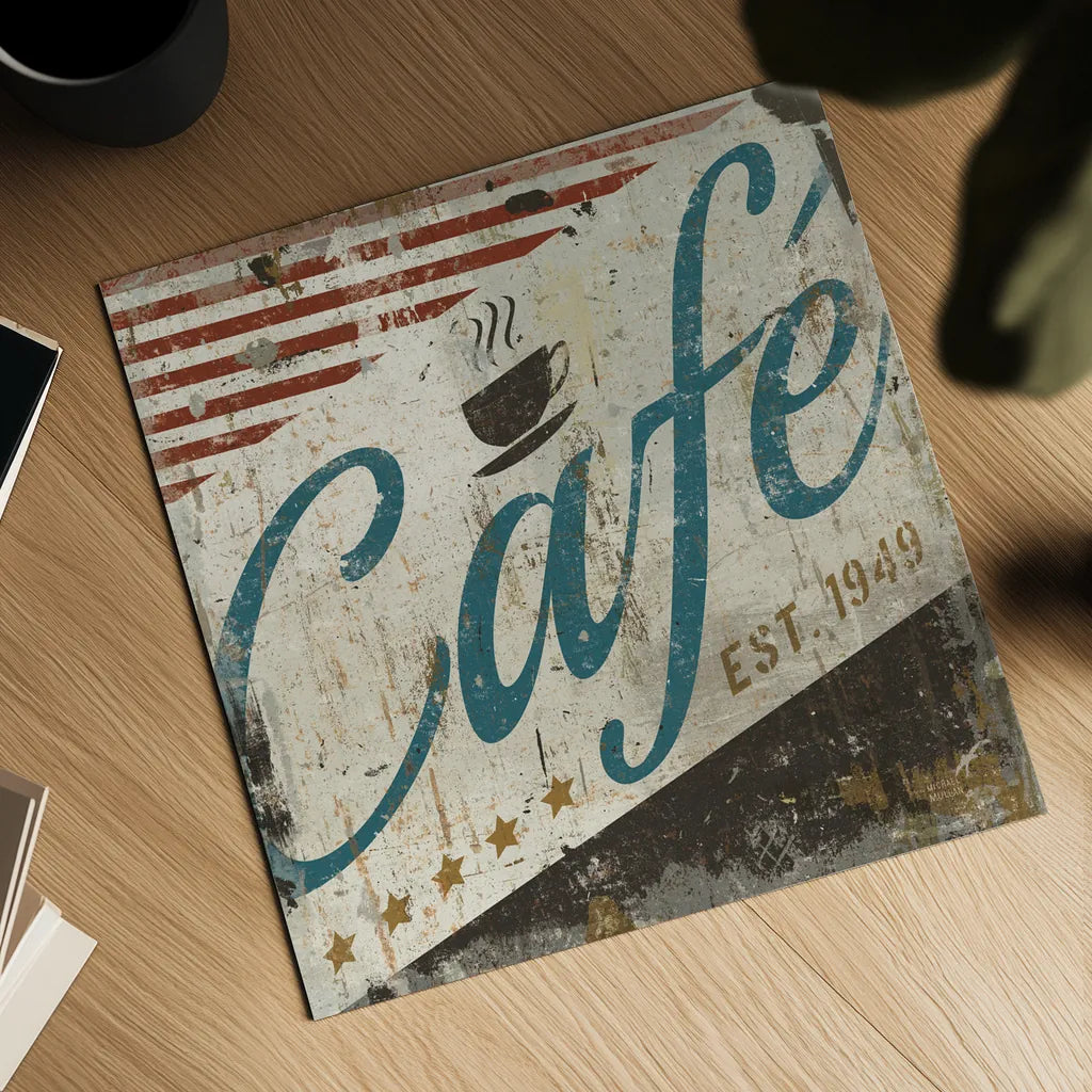 Vintage Cafe Sign by Michael Mullan. Shown as a detailed flat fine art print, highlighting archival giclee quality. Available as an archival giclee rolled canvas, fine art paper, or poster print. SKU 51287a.