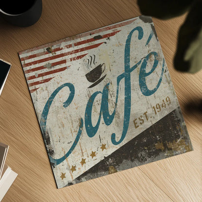 Vintage Cafe Sign by Michael Mullan. Shown as a detailed flat fine art print, highlighting archival giclee quality. Available as an archival giclee rolled canvas, fine art paper, or poster print. SKU 51287a.
