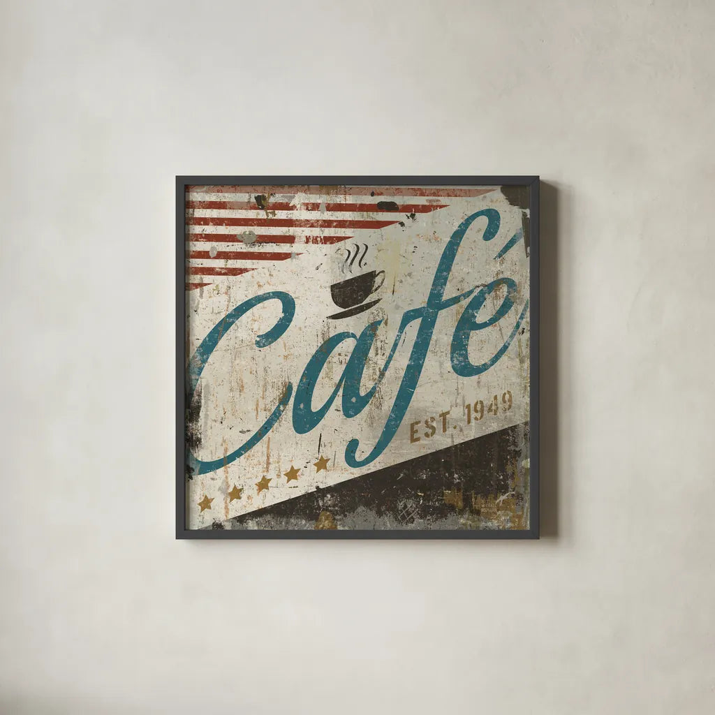 Vintage Cafe Sign by Michael Mullan. Shown in a sleek black glass frame for a contemporary gallery look. Available as an archival giclee rolled canvas, fine art paper, or poster print. SKU 51287a.