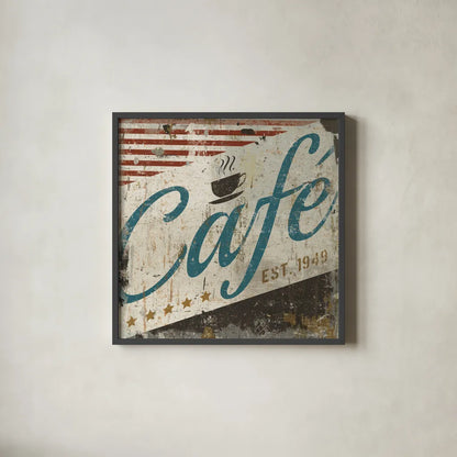 Vintage Cafe Sign by Michael Mullan. Shown in a sleek black glass frame for a contemporary gallery look. Available as an archival giclee rolled canvas, fine art paper, or poster print. SKU 51287a.