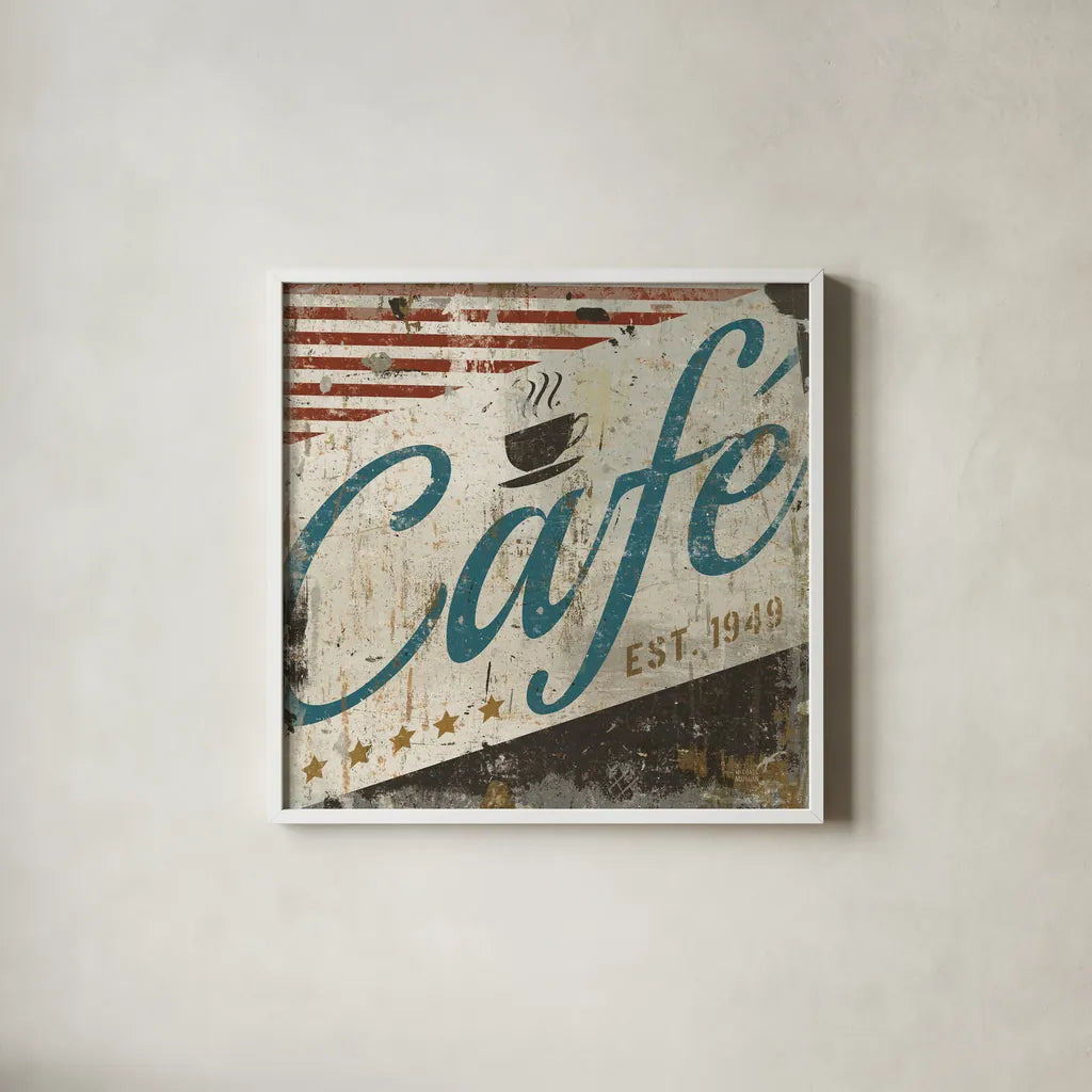 Vintage Cafe Sign by Michael Mullan. Shown in a crisp white glass frame for a clean and minimalist style. Available as an archival giclee rolled canvas, fine art paper, or poster print. SKU 51287a.