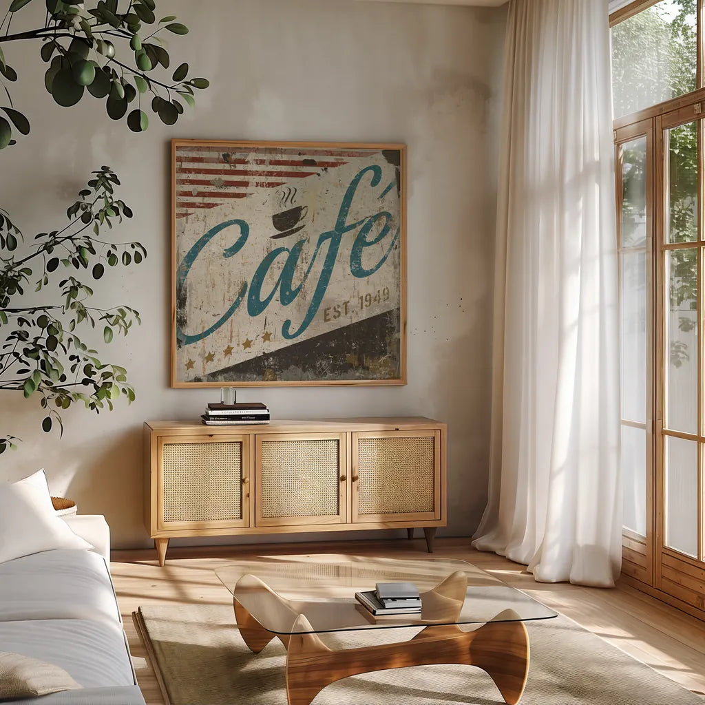 Vintage Cafe Sign by Michael Mullan. Shown in a natural wood frame in a cozy modern living room. Available as an archival giclee rolled canvas, fine art paper, or poster print. SKU 51287a.