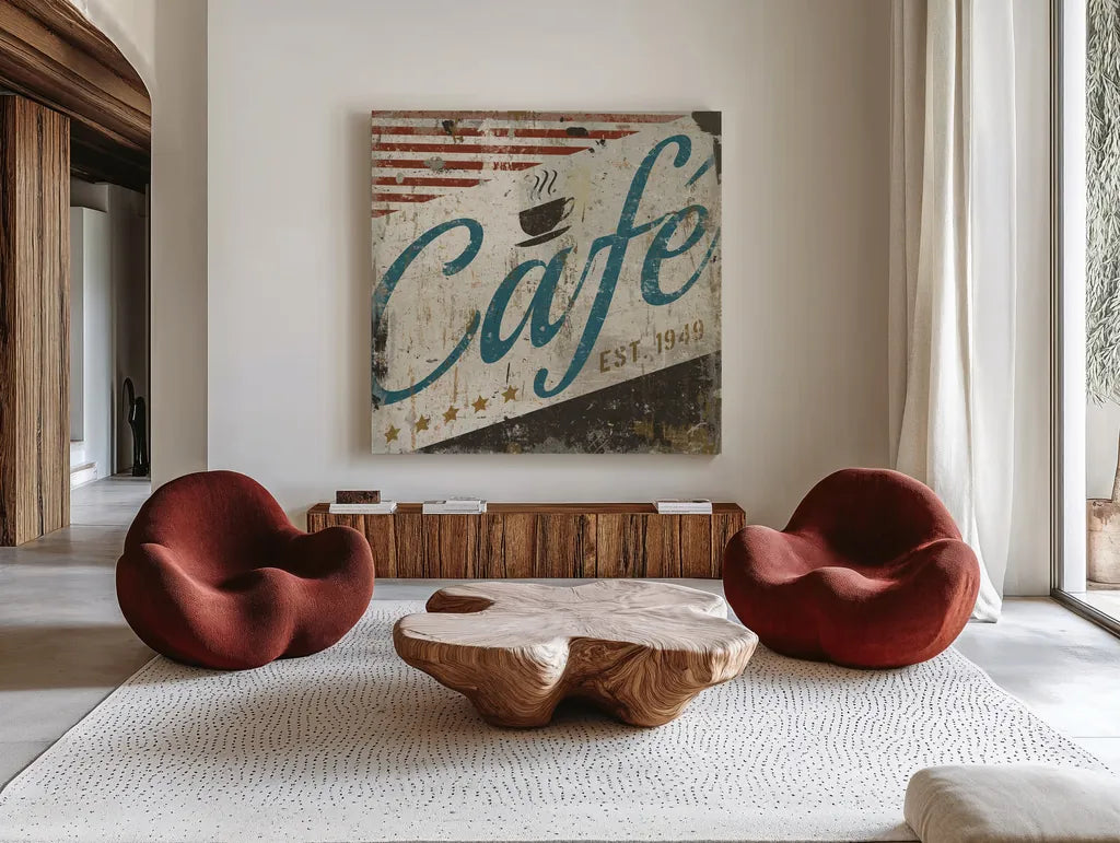Vintage Cafe Sign by Michael Mullan. Shown as extra-large giant wall art in a modern living room. Available as an archival giclee rolled canvas, fine art paper, or poster print. SKU 51287a.