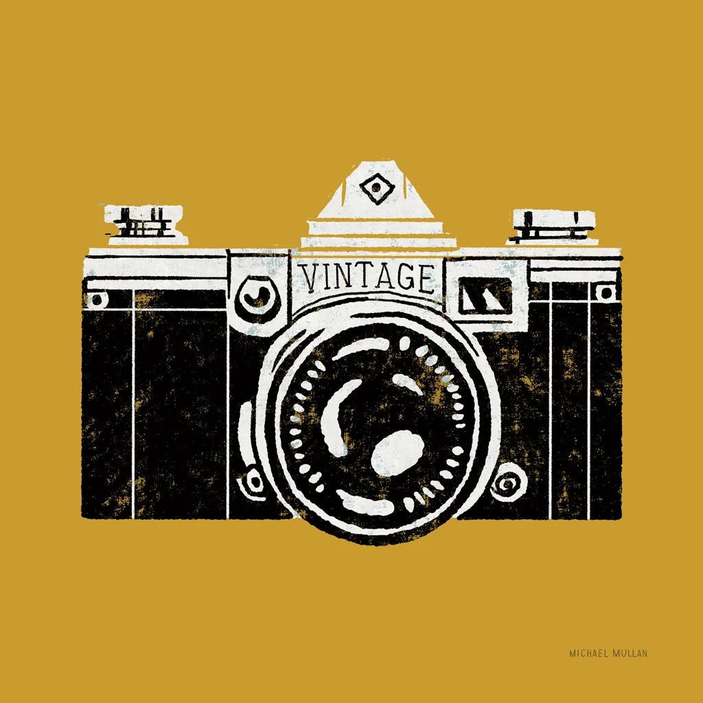 Vintage Camera Yellow by Michael Mullan. SKU 60983a. Archival Giclee Fine art print for wall decor.