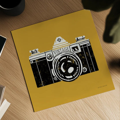 Vintage Camera Yellow by Michael Mullan. Shown as a detailed flat fine art print, highlighting archival giclee quality. Available as an archival giclee rolled canvas, fine art paper, or poster print. SKU 60983a.