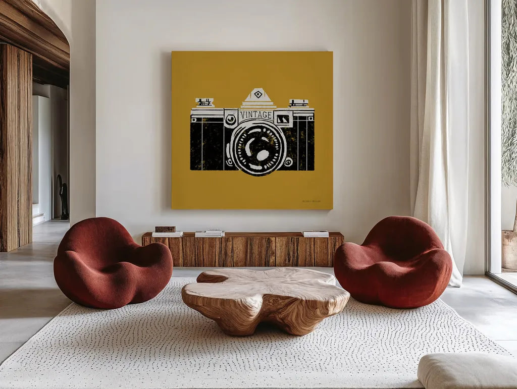 Vintage Camera Yellow by Michael Mullan. Shown as extra-large giant wall art in a modern living room. Available as an archival giclee rolled canvas, fine art paper, or poster print. SKU 60983a.