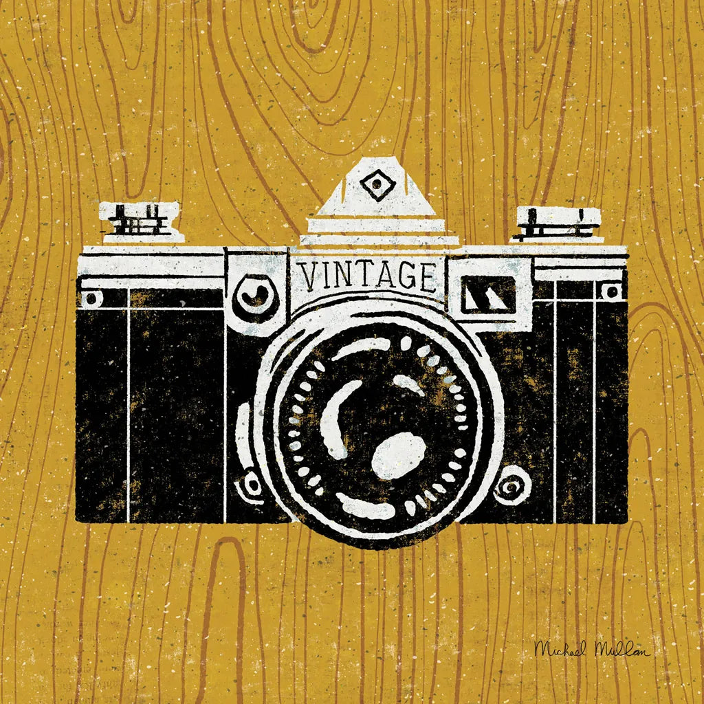Vintage Camera on Wood by Michael Mullan. SKU 50707a. Archival Giclee Fine art print for wall decor.