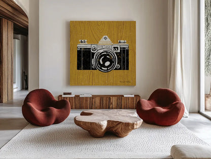Vintage Camera on Wood by Michael Mullan. Shown as extra-large giant wall art in a modern living room. Available as an archival giclee rolled canvas, fine art paper, or poster print. SKU 50707a.