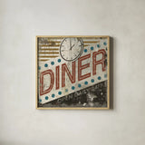 Vintage Diner Sign by Michael Mullan. Shown in a natural wood glass frame for a timeless modern aesthetic. Available as an archival giclee rolled canvas, fine art paper, or poster print. SKU 51288a.