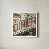 Vintage Diner Sign by Michael Mullan. Shown in a crisp white glass frame for a clean and minimalist style. Available as an archival giclee rolled canvas, fine art paper, or poster print. SKU 51288a.