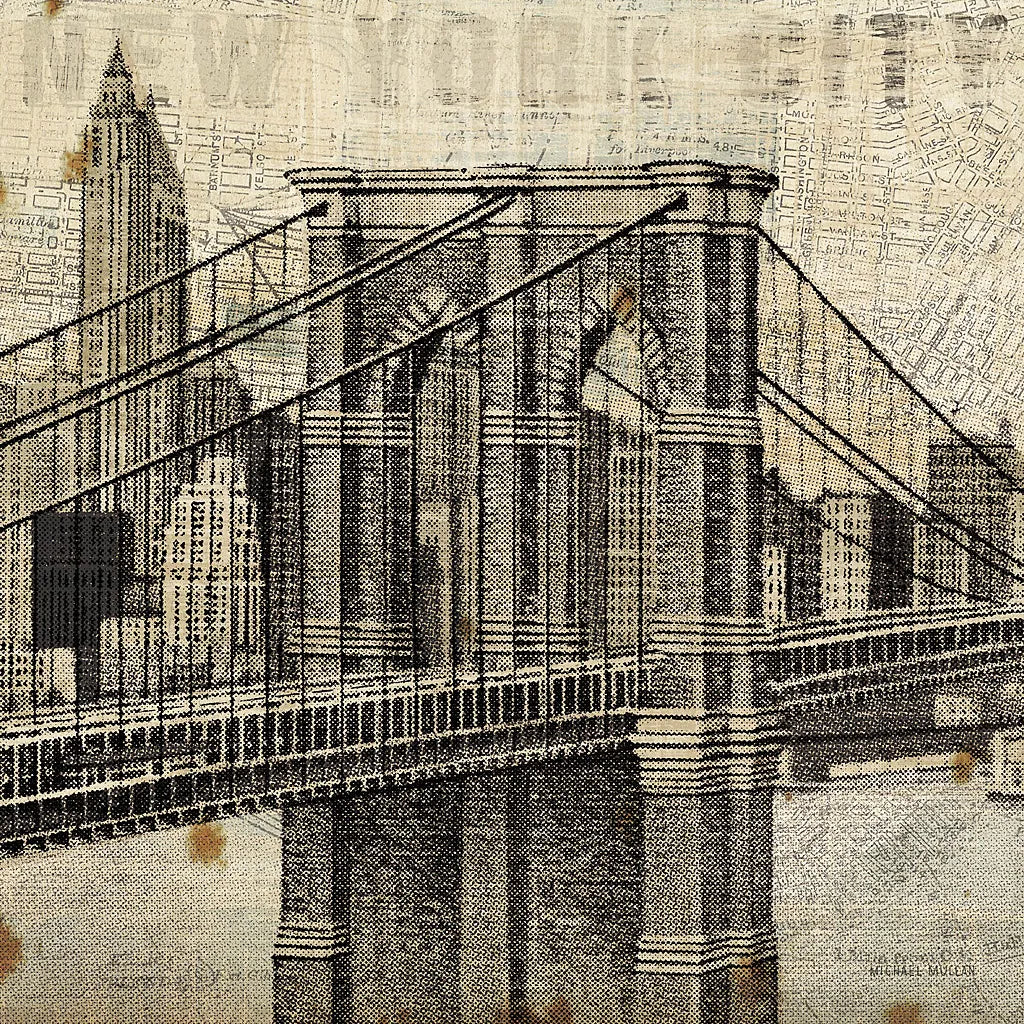 Vintage NY Brooklyn Bridge Skyline II by Michael Mullan. SKU 51219a. Archival Giclee Fine art print for wall decor.