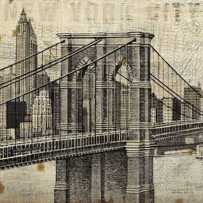 Vintage NY Brooklyn Bridge Skyline II by Michael Mullan. SKU 51219a. Archival Giclee Fine art print for wall decor.