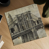 Vintage NY Brooklyn Bridge Skyline II by Michael Mullan. Shown as a detailed flat fine art print, highlighting archival giclee quality. Available as an archival giclee rolled canvas, fine art paper, or poster print. SKU 51219a.