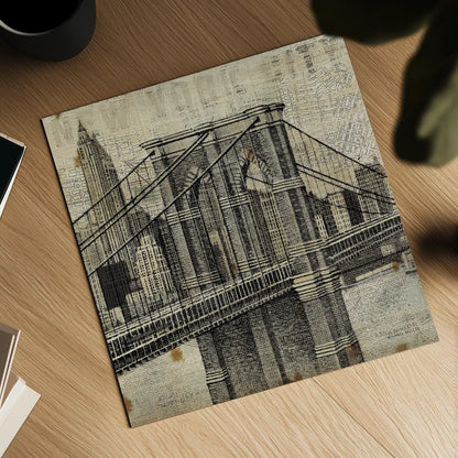 Vintage NY Brooklyn Bridge Skyline II by Michael Mullan. Shown as a detailed flat fine art print, highlighting archival giclee quality. Available as an archival giclee rolled canvas, fine art paper, or poster print. SKU 51219a.